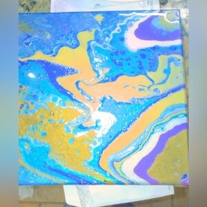 Abstract Painting Blue and Gold Canvas (Resin finish) 8”x8”